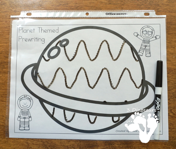 Free Fine Motor Fun: Planet Themed Prewriting Activity - 6 fun pages or prewriting on a planet with ideas of how to use them - 3Dinosaurs.com