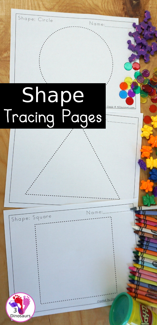 Free Shape Tracing pages with 12 shapes that are large and fun to trace, color, place objects on or playdough - 3Dinosaurs.com  #3dinosaurs #kindergarten #prek #shapes #freeprintable