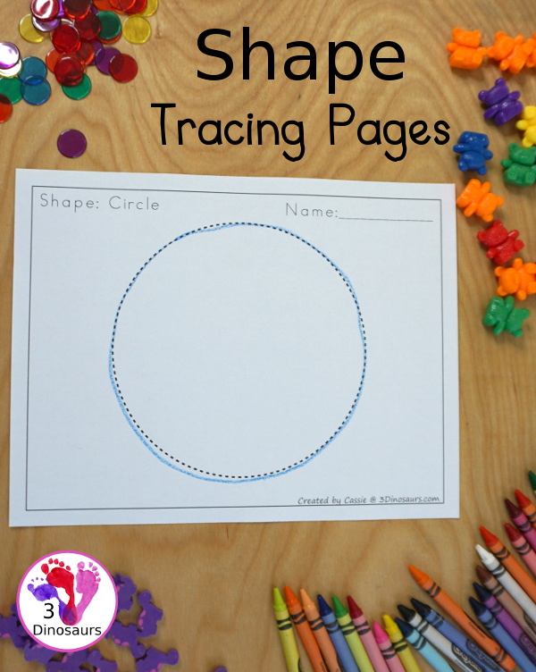 Free Shape Tracing pages with 12 shapes that are large and fun to trace, color, place objects on or playdough - 3Dinosaurs.com  #3dinosaurs #kindergarten #prek #shapes #freeprintable