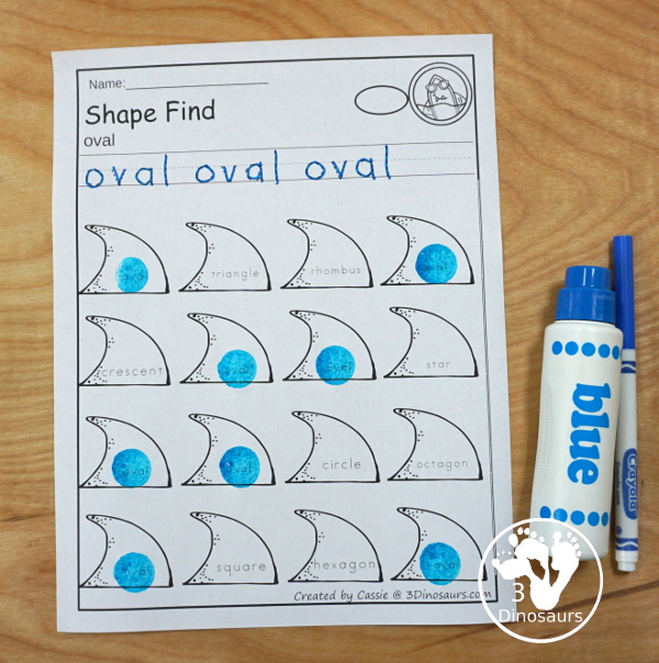 Easy No-Prep Shark Themed Shape Find - with shape and shape word for kids - 3Dinosaurs.com