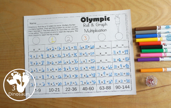 Free Olympic Roll and Graph Math for Addition & Multiplication - fun printables to work on math during the Olympics with rolling and filling out the graph - 3Dinosaurs.com