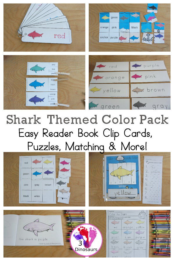 Shark Color Pack - with 63 pages of printables with color easy reader book, color clip cards, color tracing strips, color writing strips, color pocket chart cards, color word writing, color word puzzles, and more all to work on learning color words. This is a great ocean theme - 3Dinosaurs.com-  - 3Dinosaurs.com