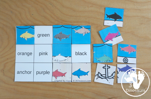 Shark Color Pack - with 63 pages of printables with color easy reader book, color clip cards, color tracing strips, color writing strips, color pocket chart cards, color word writing, color word puzzles, and more all to work on learning color words. This is a great ocean theme - 3Dinosaurs.com-  - 3Dinosaurs.com