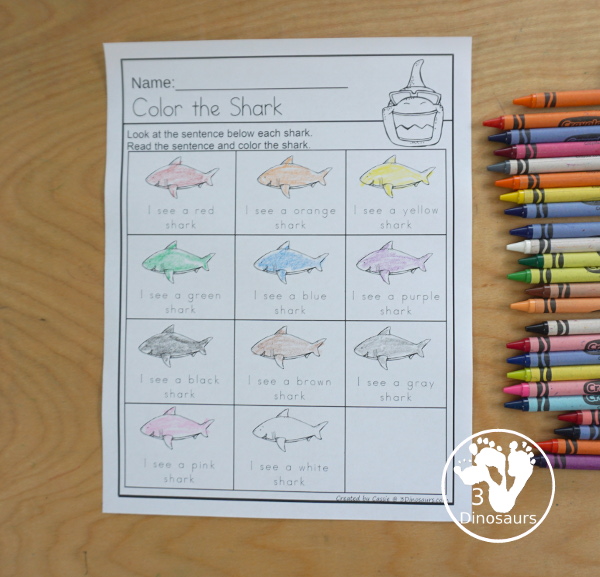 Shark Color Pack - with 63 pages of printables with color easy reader book, color clip cards, color tracing strips, color writing strips, color pocket chart cards, color word writing, color word puzzles, and more all to work on learning color words. This is a great ocean theme - 3Dinosaurs.com-  - 3Dinosaurs.com