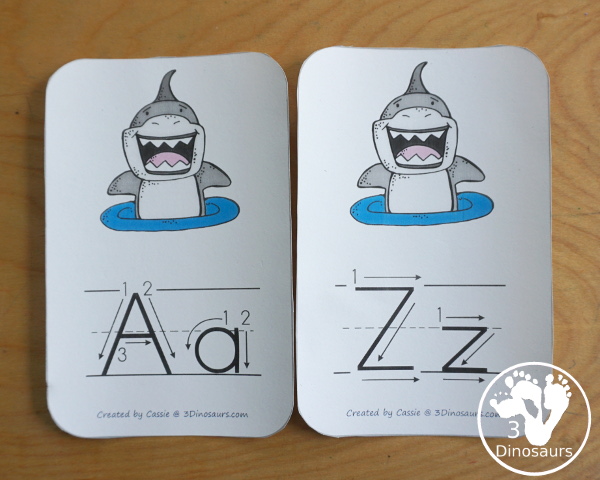 Free SHARK ABC and Number Wall Cards - with 26 alphabet cards with uppercase and lowercase letters and number wall cards with numbers from 0 to 20 with matching shark fins for counting - 3Dinosaurs.