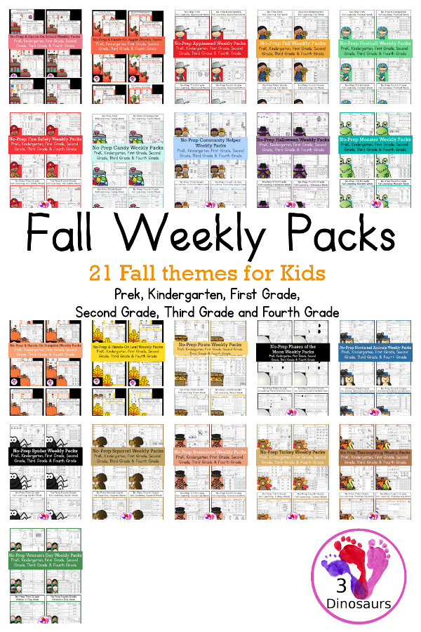 No-Prep Weekly Packs for the Fall for Prek to 4th Grade - 5 days of printables with 4 pages for each day. You have the following themes: School, Football, Apple, Johnny Appleseed, Fall, Pirate, Leaf, Pumpkin, Monster, Candy, Halloween, Scarecrow, Community Helpers, Veteran's Day, Turkey, Thanksgiving, and Veteran's Day - 3Dinosaurs.com