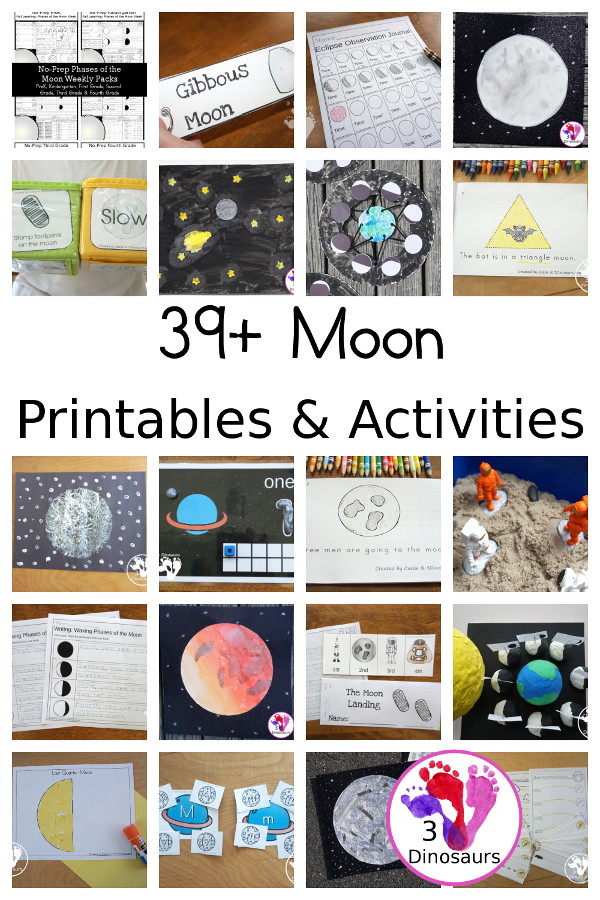 39+ Moon Printables & Activities - fun activities around the moon and lunar eclipse for kids. You have moon printables, moon crafts, moon paintings and moon activities for kids to learn about the moon. - 3Dinosaurs.com