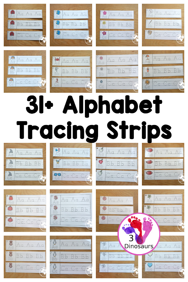ABC Tracing Strips Bundle For Learning Centers, a fun collection of letter tracing strips for all year. You have summer, fall, winter and summer themes to help with learning letters.- 3Dinosaurs.com