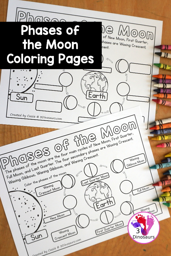 Free Phases of the Moon Coloring Page Printables - you have information at the top about the different phases of the moon. You have the Sun, Earth and 8 phases of the moon for kids to color. You can work on learning these phases in this simple coloring page. And it has Northern and Southern Hemisphere options - 3Dinosaurs.com