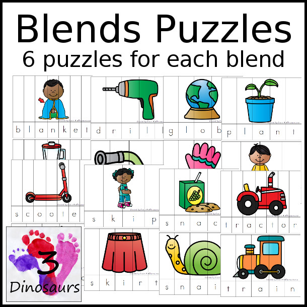 Blends Puzzles - 6 blends puzzles for each blend. It has the folloring blends: bl-, br-, cl-, cr-, fl-, fr--, gr-, gl-, pl-, pr-, sc-, sk-,sl-, sm-, sn-, sp-, st-, sw-, tr- $4 - 3Dinosaurs.com