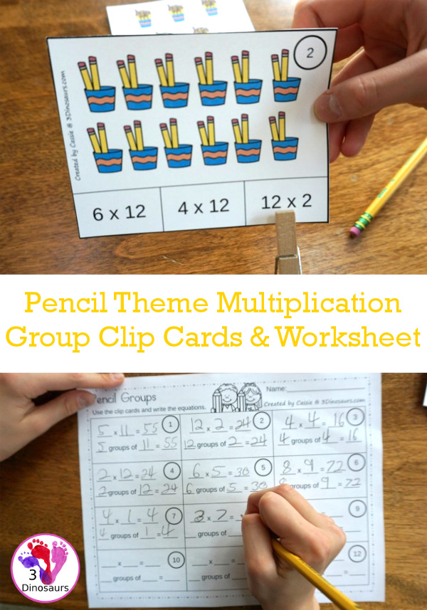 Free Pencil Groups Multiplication Clip Cards - 12 clip cards with matching worksheet - 3Dinosaurs.com #clipcards #freeprintable #multiplication #backtoschool