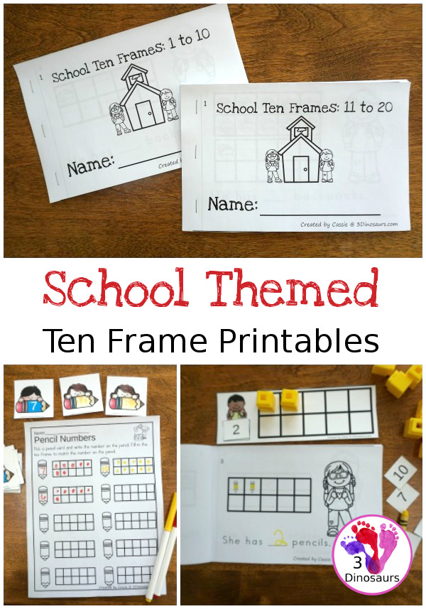 School Themed Ten Frame Printables: No-Prep & Hands-On - 168 pages of printables working on ten frame activities for numbers 1 to 20 with hands-on and no-prep: cards, worksheets and easy reader books - 3Dinosaurs.com #handsonmath #teacherspayteachers #tenframe #schoolprintablesforkids #printablesforkids