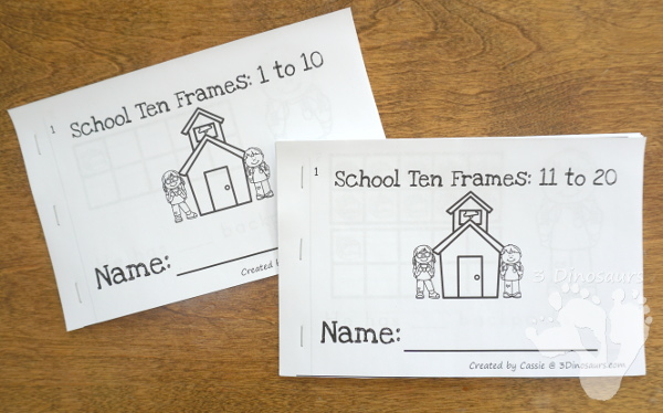 School Themed Ten Frame Printables: No-Prep & Hands-On - 168 pages of printables working on ten frame activities for numbers 1 to 20 with hands-on and no-prep: cards, worksheets and easy reader books - 3Dinosaurs.com #handsonmath #teacherspayteachers #tenframe #schoolprintablesforkids #printablesforkids