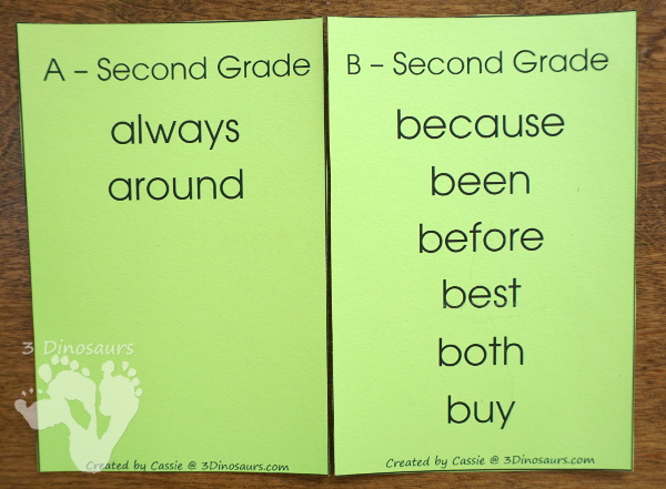 Free Dolch Sight Word Second Grade Wall Cards - word sorted by letter - 3Dinosaurs.com