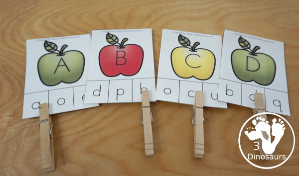 Apple Activity Pack: ABC clip cards - has all 26 letters of the alphabet with uppercase matchin and uppercase letters and lowercase letters  - 3Dinosaurs.com