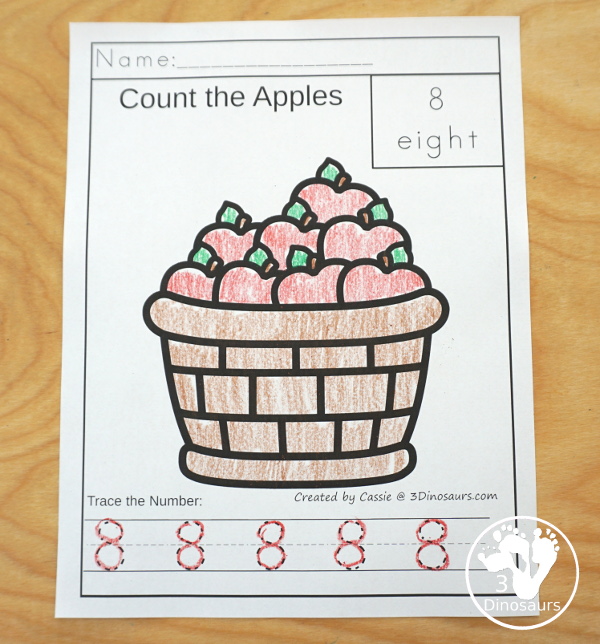 Apple Activity Pack:  Number No-Prep Page has numbers 0 to 10 with counting and tracing - 3Dinosaurs.com