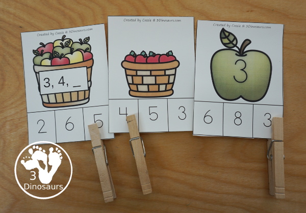 Apple Activity Pack:  Number Clip Cards has four types of clip cards with matching number, count and clip, what comes next, and which has more. - 3Dinosaurs.com