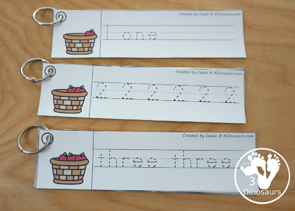 Apple Activity Pack:  Number tracing strips has nubmers 0 to 10 with matching apples with number digit and number word, number word only, and nubmer digit only - 3Dinosaurs.com