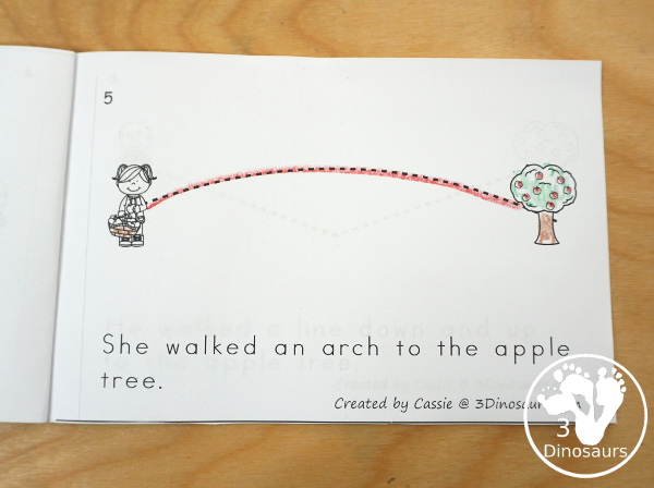 Apple Activity Pack: Prewriting - with prewriting lines in a book with tracing the lines to get the kids to the apple trees.  - 3Dinosaurs.com