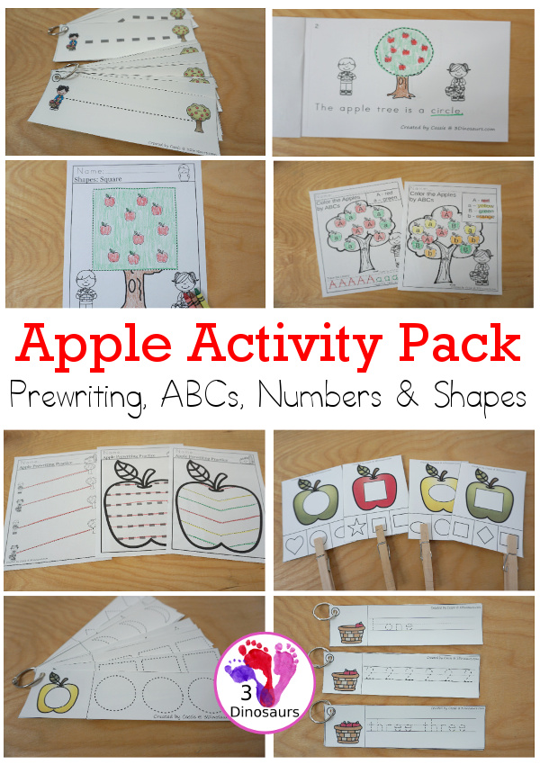 Apple Activity Pack: Prewriting, Shapes, ABCs & Numbers - a fun activity pack with 189 pages of printables with a mix of no-prep, easy reader books and clip cards for learning with an apple theme for kids to try out and learn with printables that all work together.  - 3Dinosaurs.com