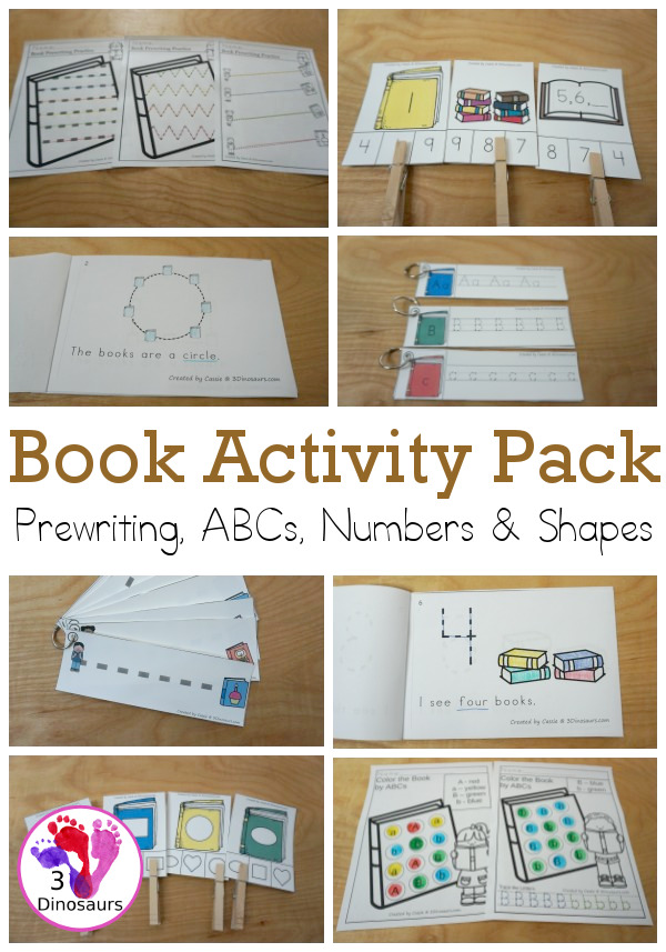 Book Activity Pack: Prewriting, Shapes, ABCs & Numbers - a fun activity pack with 189 pages of printables with a mix of no-prep, easy reader books and clip cards for learning with a book theme for kids to try out and learn with printables that all work together.  - 3Dinosaurs.com