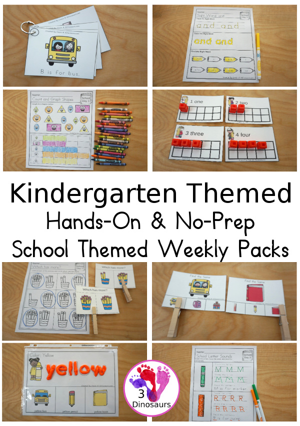 No-Prep & Hands-On School Themed Weekly Packs for Kindergarten with 5 days of activities to do  with hands-on and no-prep that match up for each day  with addition, subtraction, sight words and CVC words - 3Dinosaurs.com