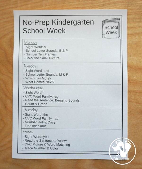 No-Prep & Hands-On School Themed Weekly Packs for Kindergarten with 5 days of activities to do  with hands-on and no-prep that match up for each day  with addition, subtraction, sight words and CVC words - 3Dinosaurs.com