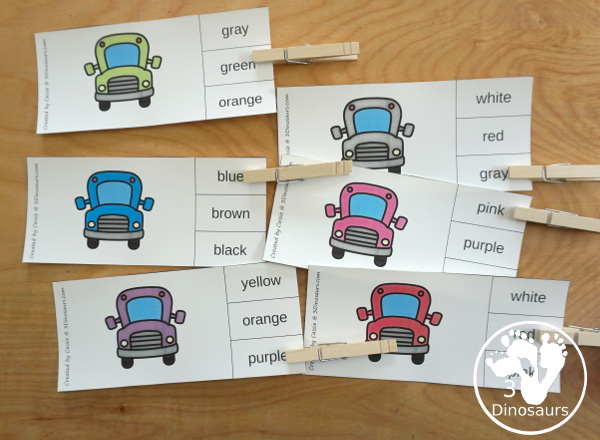 Bus Color Pack -  - with 63 pages of printables with color easy reader book, bus color clip cards, bus color tracing strips, bus color writing strips, bus color pocket chart cards, bus color word writing, bus color word puzzles, and more all to work on learning color words. This is a great back to school theme - 3Dinosaurs.com