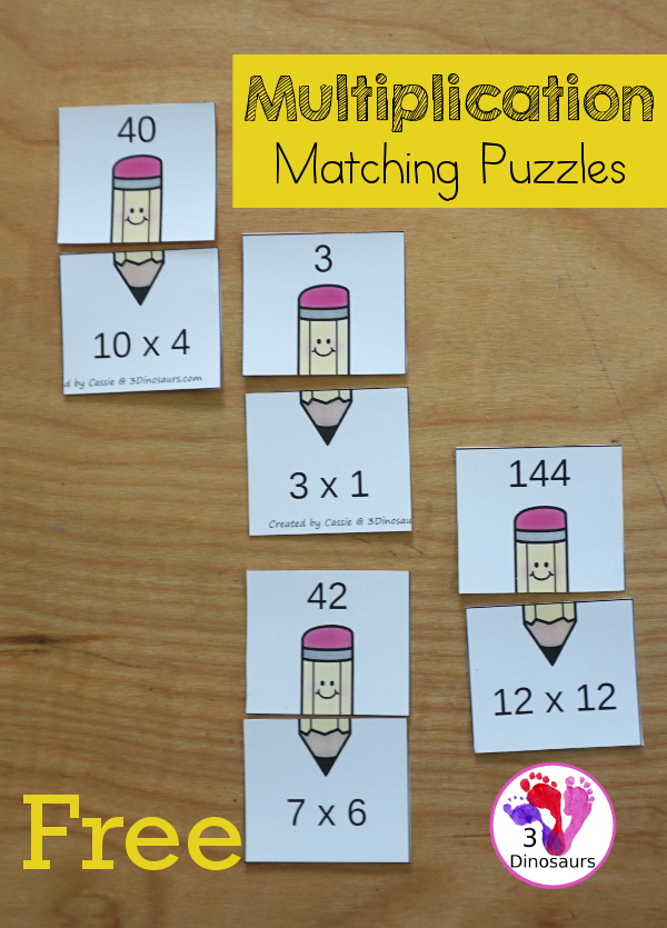 Pencil Multiplication Matching Puzzles - with multiplication for number 1 to 12 - with each number on a single page - 3Dinosaurs.com