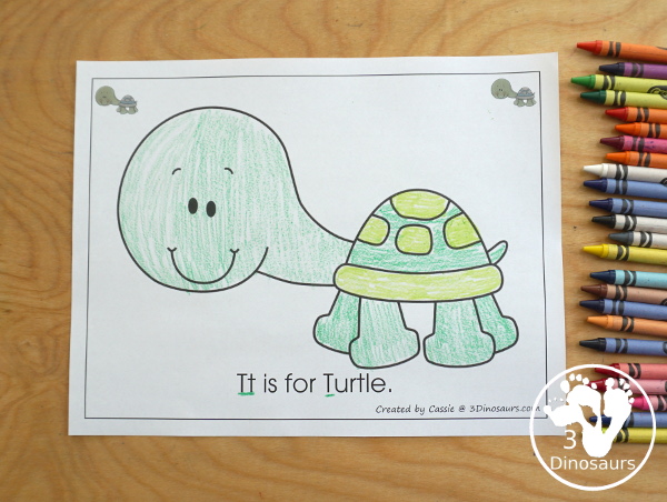 Free Romping & Roaring T Pack: T is for Turtle - a letter T pack that has prewriting, finding letters, tracing letters, coloring pages, shapes, puzzles and more - 3Dinosaurs.com