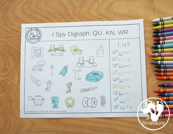 Free Digraph I Spy Printable - with three pages of digraph I printables to use with kids. You have a set with h digraphs and ending digraphs and qu, know and wr. - 3Dinosaurs.com