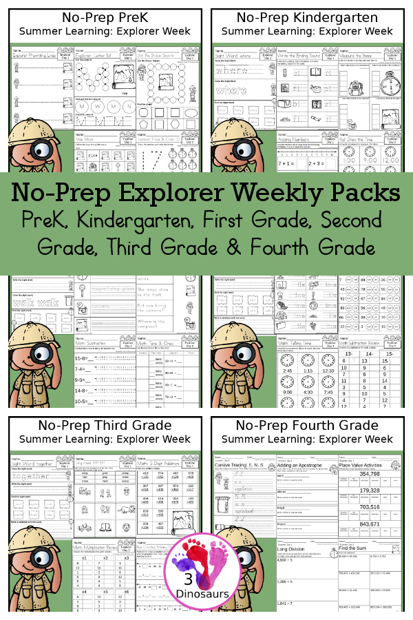 Explorer No-Prep Weekly Packs PreK, Kindergarten, First Grade, Second Grade, Third Grade & Fourth Grade with 5 days of activities to do for each grade level With loads of different exploring themes - You will find a mix of math, language, and more - These are easy to use packs for explorer themed activities, summer learning, homework, early finisher, and morning work. Easy no-prep printables for kids with four pages for each day - 3Dinosaurs.com