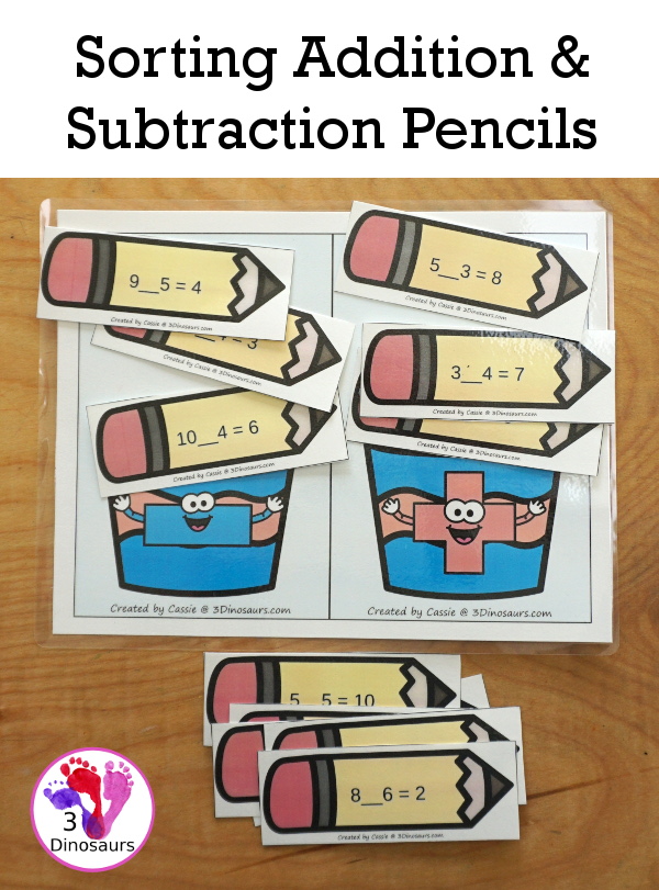 Free Pencil Addition & Subtraction Sorting - you have 12 pencils to sort with an addition and subjection mats with a recording sheet for all 12 pencils.- 3Dinosaurs.com