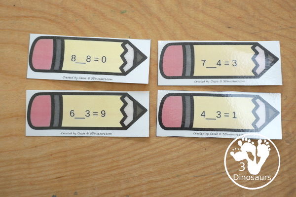 Free Pencil Addition & Subtraction Sorting - 12 pencils to sort to to makes- 3Dinosaurs.com