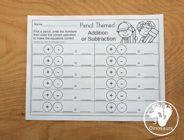 Free Pencil Addition & Subtraction Sorting - sorting math with addition side and a subjection side- 3Dinosaurs.com