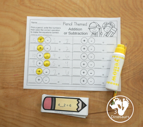 Free Pencil Addition & Subtraction Sorting - recording the pencils equation on the worksheet - 3Dinosaurs.com