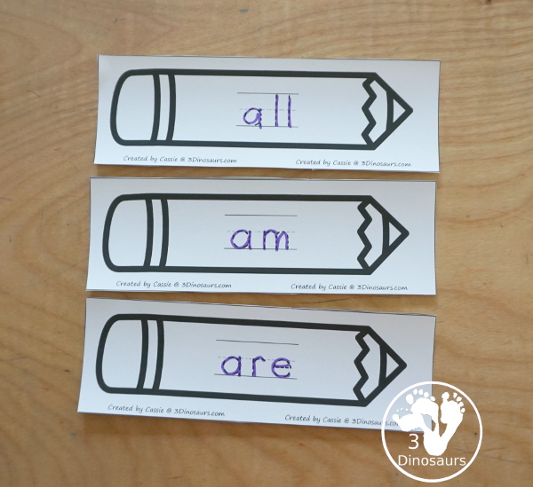 Sight Word Pencil Tracing Cards - with all 220 Dolch Sight Words with cards sorting by sight word list - With tracing on colored pencil or a black and white pencil option - 3Dinosaurs.com