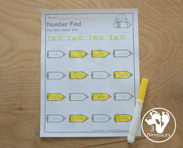No-Prep Pencil Themed Number Find - easy no-prep printables with a fun pencil find with finding numerical nubmer and nubmer words $ - 3Dinosaurs.com #noprepprintable #schoolprintables #numbersforkids