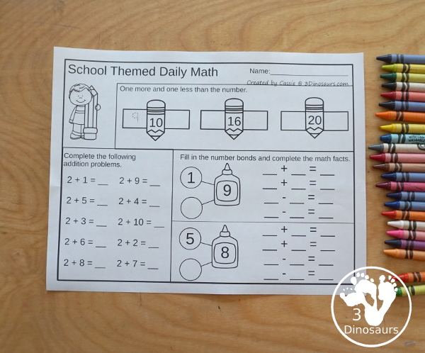 No Prep School Themed Addition & Subtraction - 30 pages no-prep printables with a mix of addition and subtraction activities plus a math center activity - 3Dinosaurs.com #noprepmath #tpt #addition #subtraction