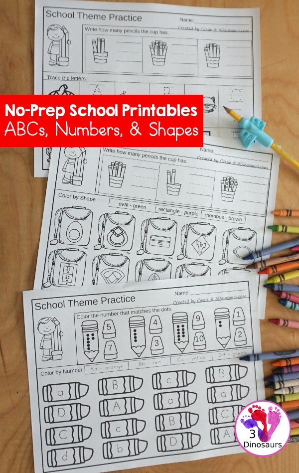 No-Prep School ABC, Numbers & Shapes - with 30 pages of morning work for kindergarten age kids to work on shapes, letters, and numbers. You have a mix of activities on each page - 3Dinosaurs.com