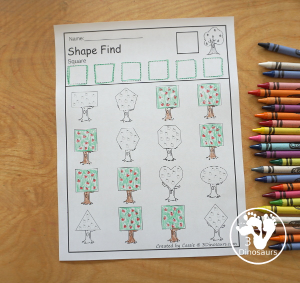 Apple Shape Find Printables with 11 shapes for kids in prek, kindergarten and first grade. You can trace the shapes and then find the shapes below with shape words and geometric shapes. You have 24 pages of printables - 3Dinosaurs.com