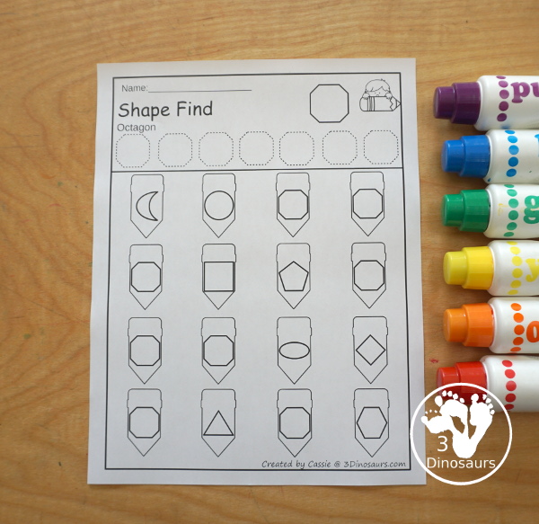 Pencil Shape Find - with  11 Shapes for kids with geometric shapes and shape words for kids to learn. A great PreK, kindergarten, and first grade.- 3Dinosaurs.com