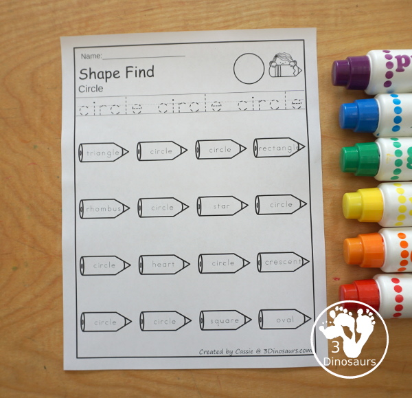 Pencil Shape Find - with  11 Shapes for kids with geometric shapes and shape words for kids to learn. A great PreK, kindergarten, and first grade.- 3Dinosaurs.com