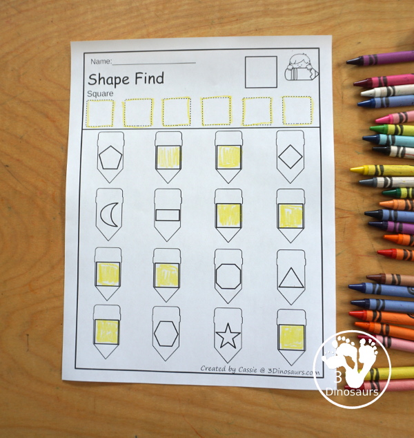 Pencil Shape Find - with  11 Shapes for kids with geometric shapes and shape words for kids to learn. A great PreK, kindergarten, and first grade.- 3Dinosaurs.com