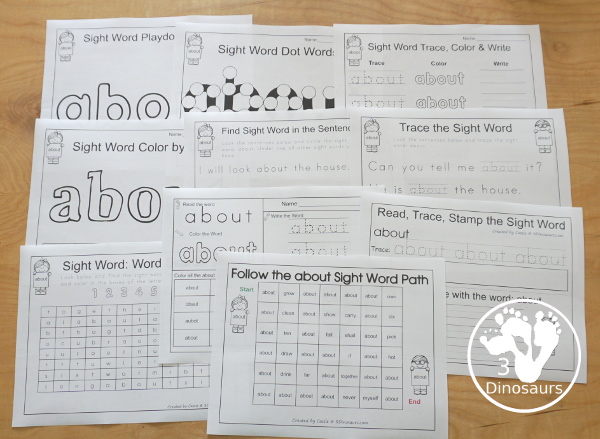 Romping & Roaring Third Grade Sight Words - 10 pages of activities for each all 41 third grade sight words for easy to use learning to read centers. You have the following pages sight word playdough mats, sight word dot marker words, sight word trace color and write, sight word color by letter, sight word find in the sentence, sight word trace in the sentence, sight word word find, sight word review sheet, sight word trace stamp and write, and sight word maze. Plus extra to use with the sight words - 3Dinosaurs.com