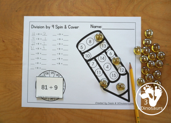 Pencil Division Spin & Cover has Division 1 to 12 and 1 to 15 with solve and cover and spinning and cover of equations for each set. You have color and black and white options- 3Dinosaurs.com