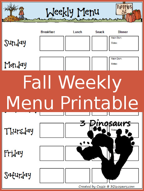 Free Fall Weekly Menu Printable - 3Dinosaurs.com