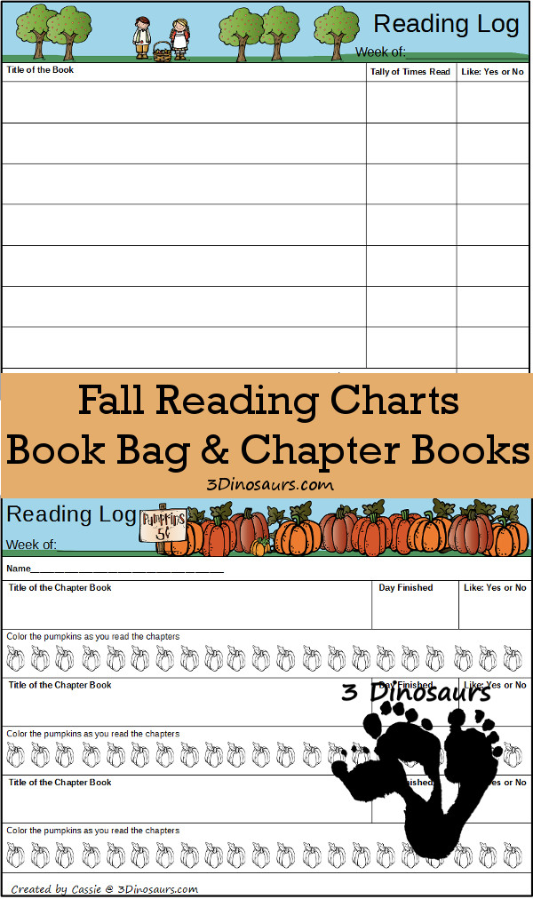 Free Weekly Fall 2015 Reading Charts: book bag and chapter books - apples, pumpkin and leaves themes  - 3Dinosaurs.com