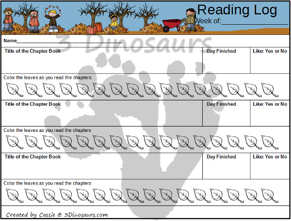 Free Weekly Fall 2015 Reading Charts: book bag and chapter books - apples, pumpkin and leaves themes  - 3Dinosaurs.com