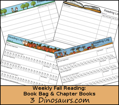 Free Weekly Fall 2015 Reading Charts: book bag and chapter books - apples, pumpkin and leaves themes  - 3Dinosaurs.com